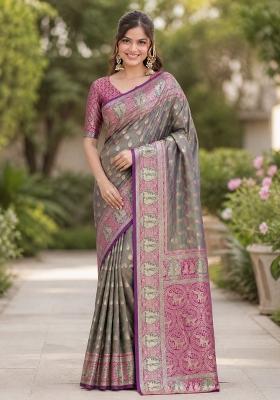 Sea Green Embroidered Banarasi Silk Blend Saree Set
