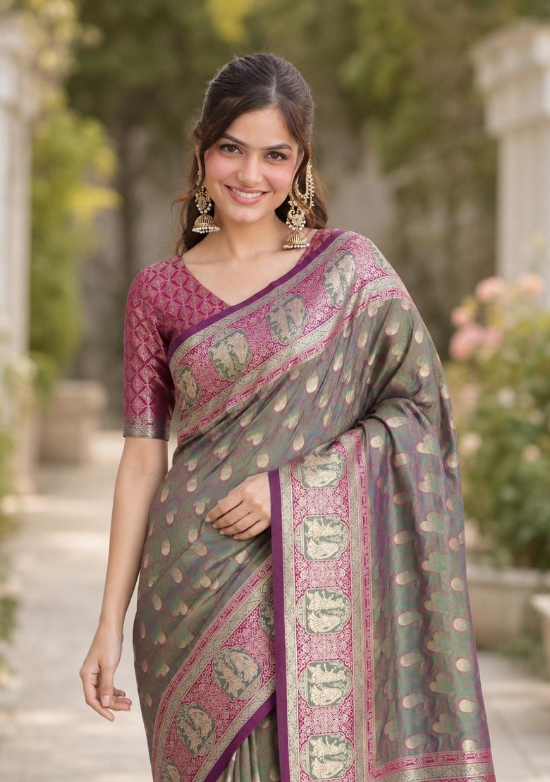 Sea Green Embroidered Banarasi Silk Blend Saree Set - Indya