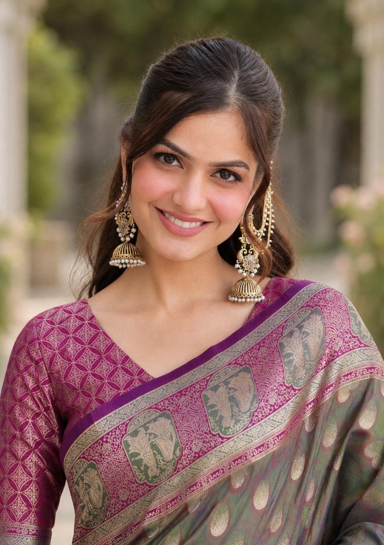 Sea Green Embroidered Banarasi Silk Blend Saree Set - Indya