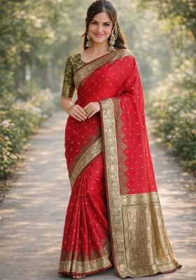 Red Embroidered Banarasi Silk Blend Saree Set