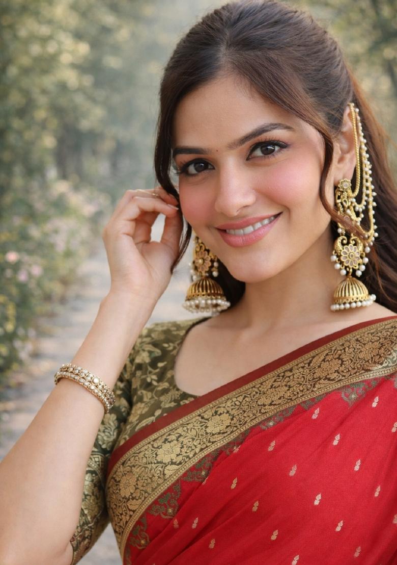 Red Embroidered Banarasi Silk Blend Saree Set - Indya