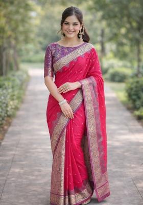 Pink Embroidered Banarasi Silk Blend Saree Set