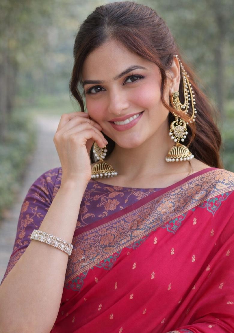 Pink Embroidered Banarasi Silk Blend Saree Set - Indya