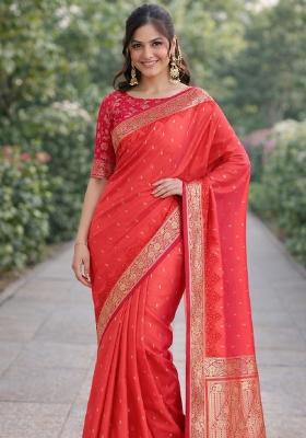 Orange Embroidered Banarasi Silk Blend Saree Set