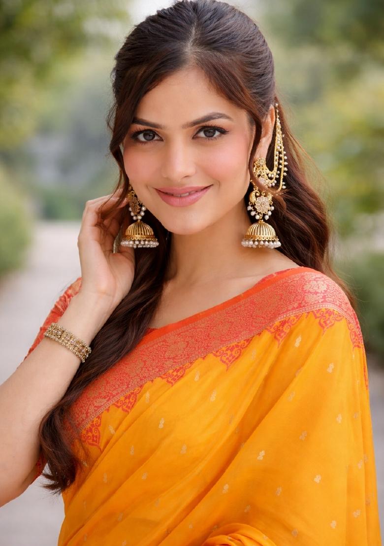 Yellow Embroidered Banarasi Silk Blend Saree Set - Indya