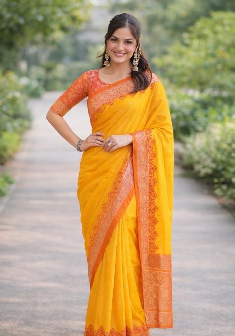 Yellow Embroidered Banarasi Silk Blend Saree Set