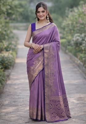Lavender Embroidered Banarasi Silk Blend Saree Set