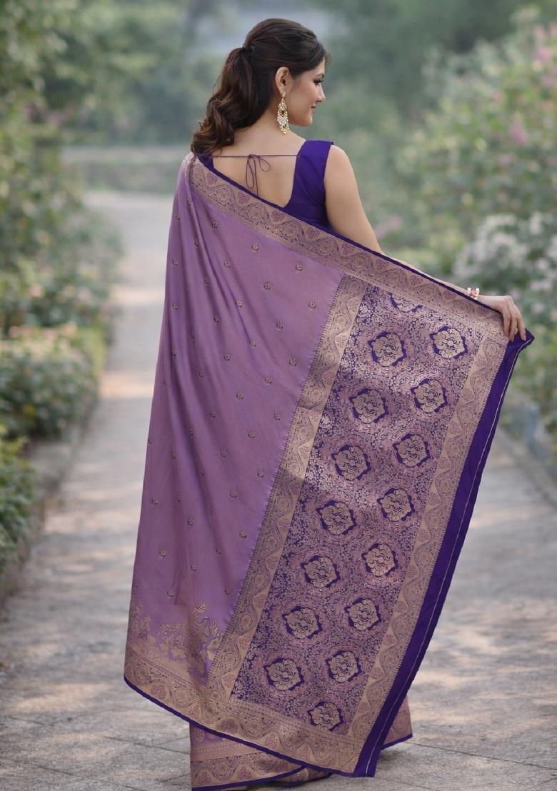 Lavender Embroidered Banarasi Silk Blend Saree Set - Indya