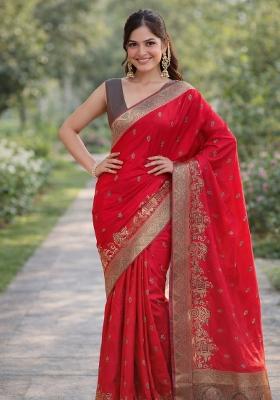 Pink Embroidered Banarasi Silk Blend Saree Set