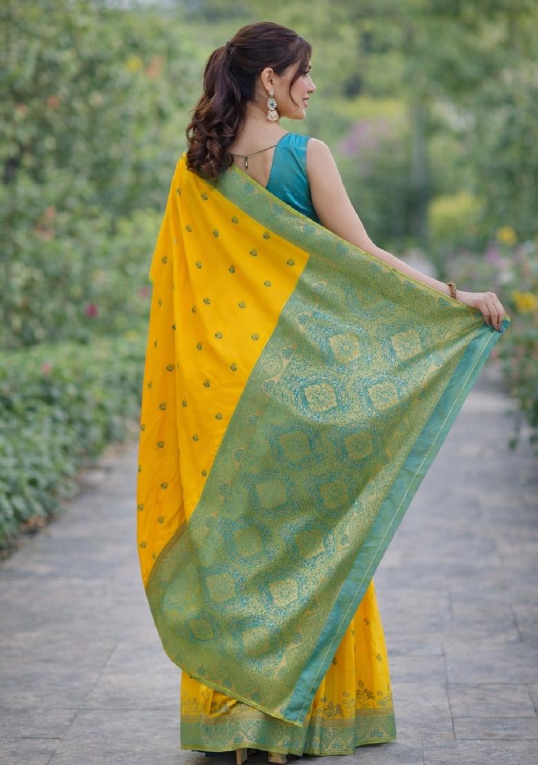 Yellow Embroidered Banarasi Silk Blend Saree Set - Indya