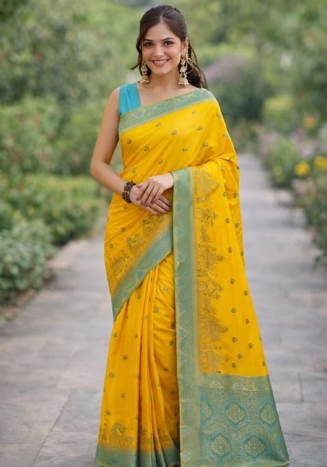 Yellow Embroidered Banarasi Silk Blend Saree Set