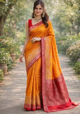 Orange Embroidered Banarasi Silk Blend Saree Set