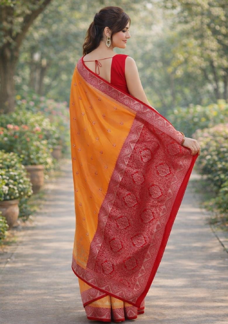 Orange Embroidered Banarasi Silk Blend Saree Set - Indya