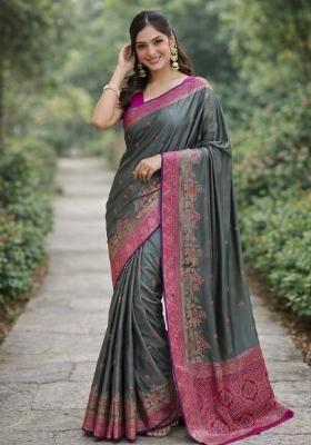 Sea Green Embroidered Banarasi Silk Blend Saree Set