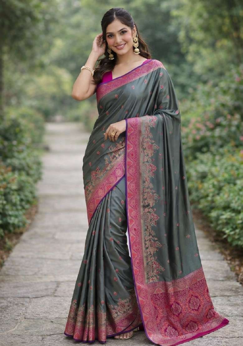 Sea Green Embroidered Banarasi Silk Blend Saree Set - Indya
