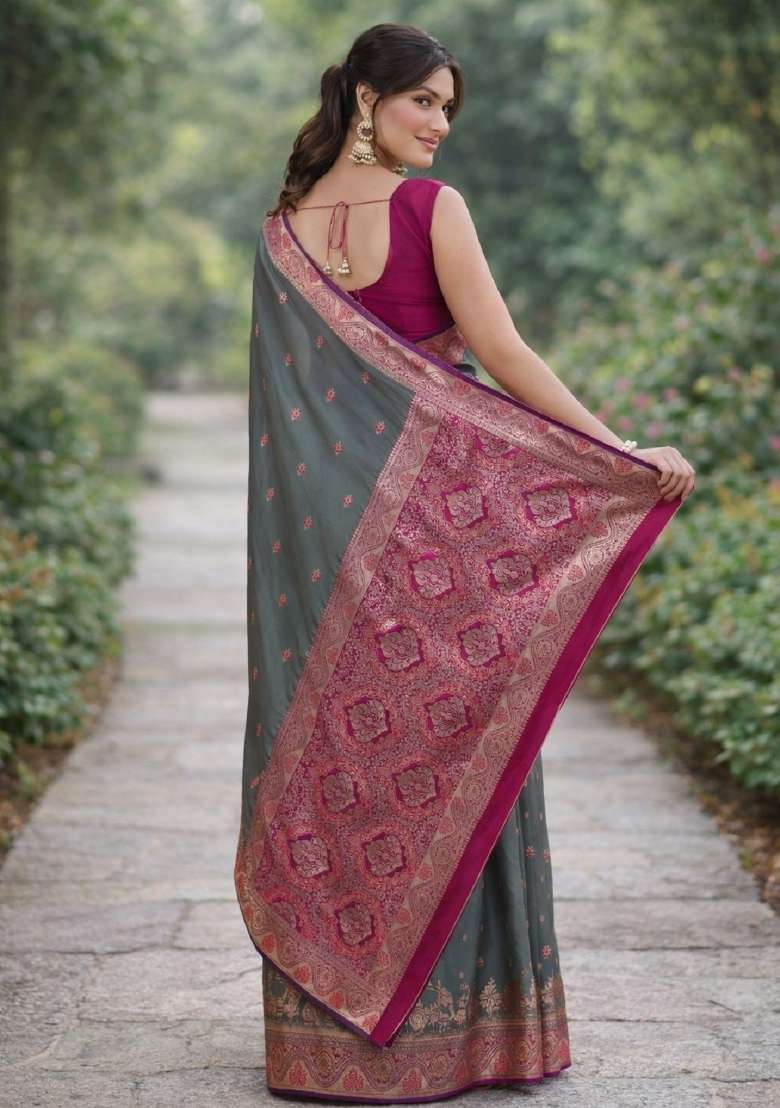 Sea Green Embroidered Banarasi Silk Blend Saree Set - Indya