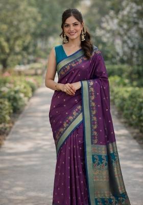 Wine Embroidered Banarasi Silk Blend Saree Set