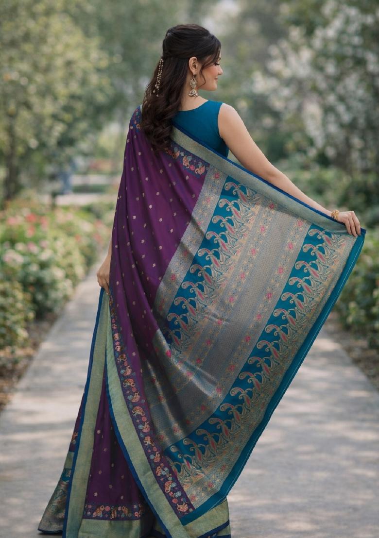 Wine Embroidered Banarasi Silk Blend Saree Set - Indya