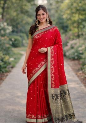 Red Embroidered Banarasi Silk Blend Saree Set