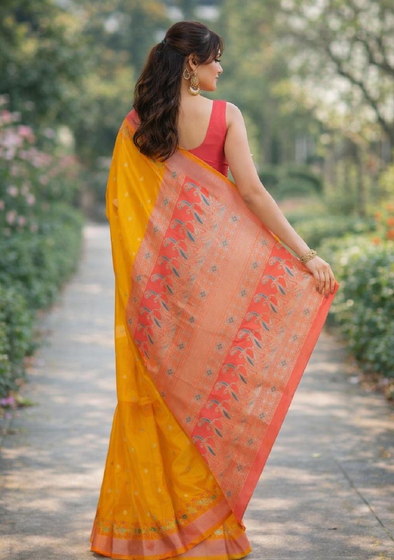 Yellow Embroidered Banarasi Silk Blend Saree Set - Indya