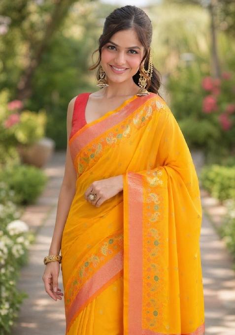 Yellow Embroidered Banarasi Silk Blend Saree Set