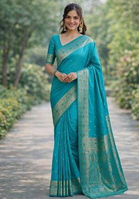 Turquoise Embroidered Banarasi Silk Blend Saree Set
