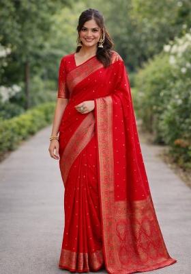 Red Embroidered Banarasi Silk Blend Saree Set