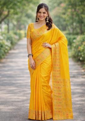 Yellow Embroidered Banarasi Silk Blend Saree Set