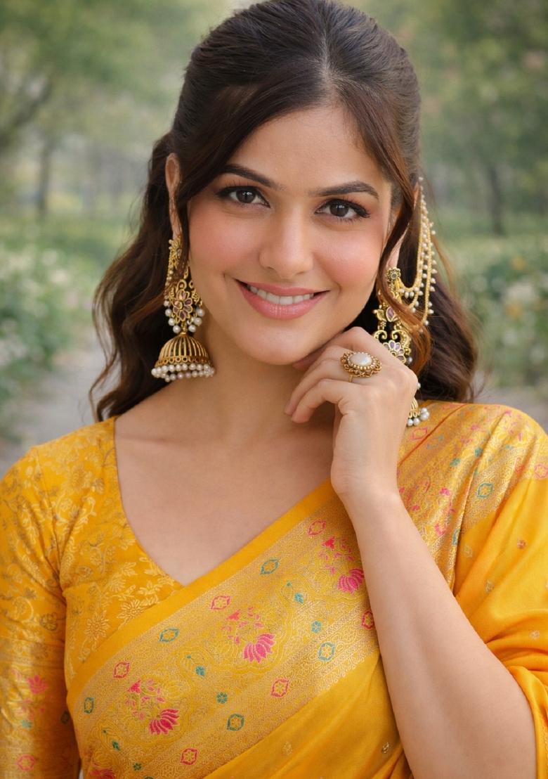 Yellow Embroidered Banarasi Silk Blend Saree Set - Indya