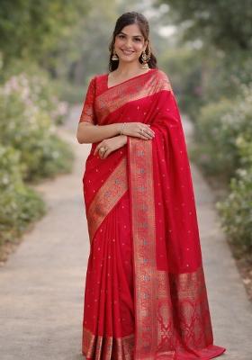 Pink Embroidered Banarasi Silk Blend Saree Set