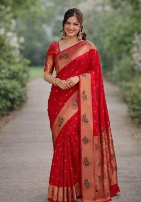 Red Embroidered Banarasi Silk Blend Saree Set