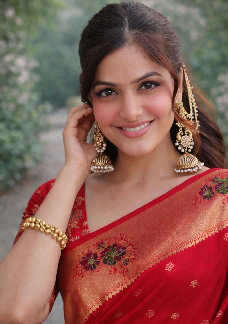 Red Embroidered Banarasi Silk Blend Saree Set - Indya