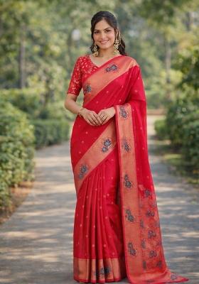 Pink Embroidered Banarasi Silk Blend Saree Set