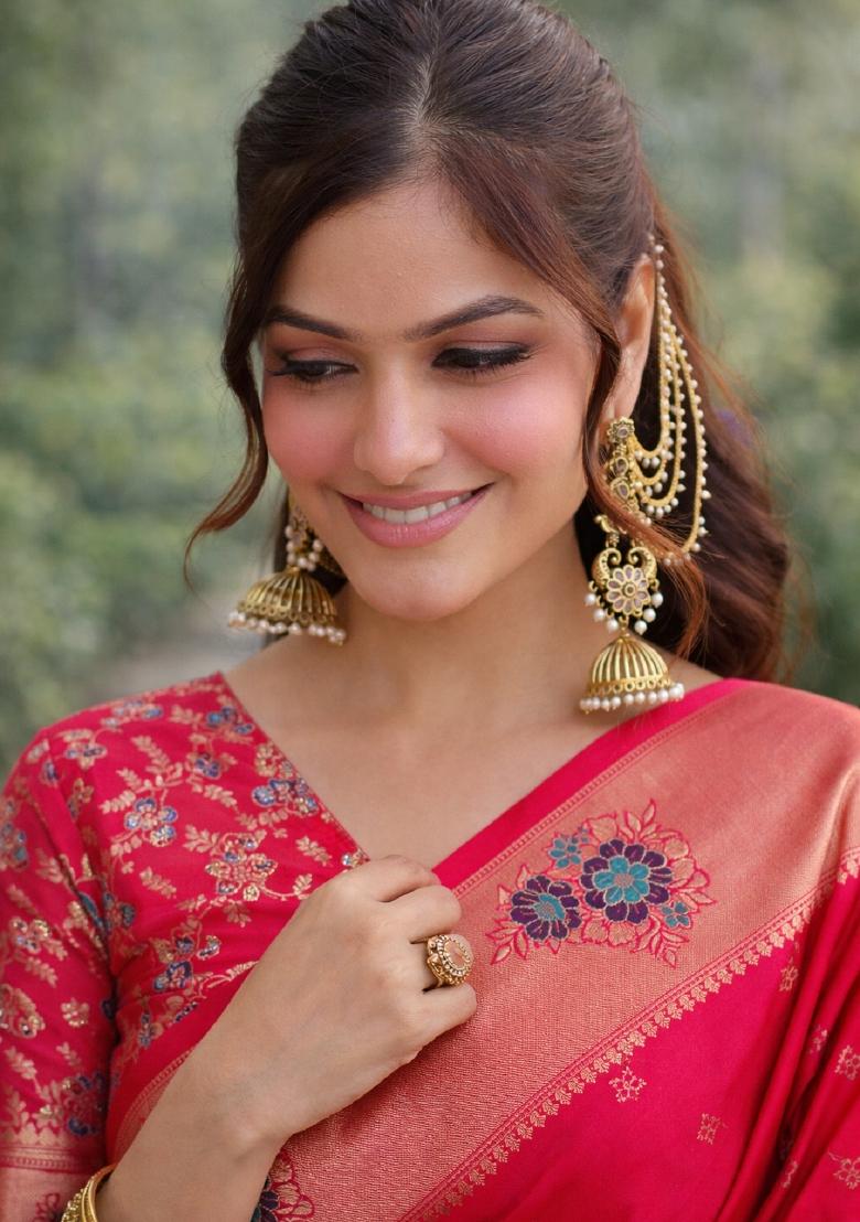 Pink Embroidered Banarasi Silk Blend Saree Set - Indya