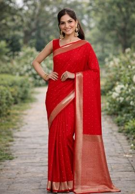 Red Embroidered Banarasi Silk Blend Saree Set