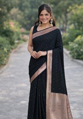 Black Embroidered Banarasi Silk Blend Saree Set