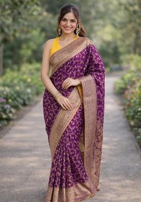 Wine Embroidered Banarasi Silk Blend Saree Set
