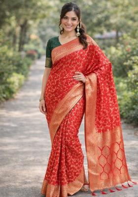 Red Embroidered Banarasi Silk Blend Saree Set