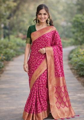Pink Embroidered Banarasi Silk Blend Saree Set