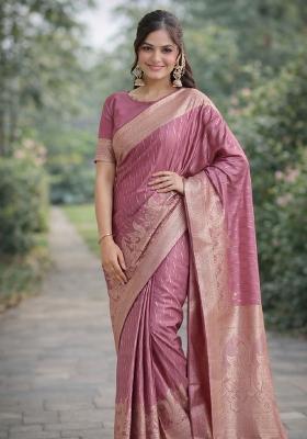 Onion Pink Embroidered Banarasi Silk Blend Saree Set