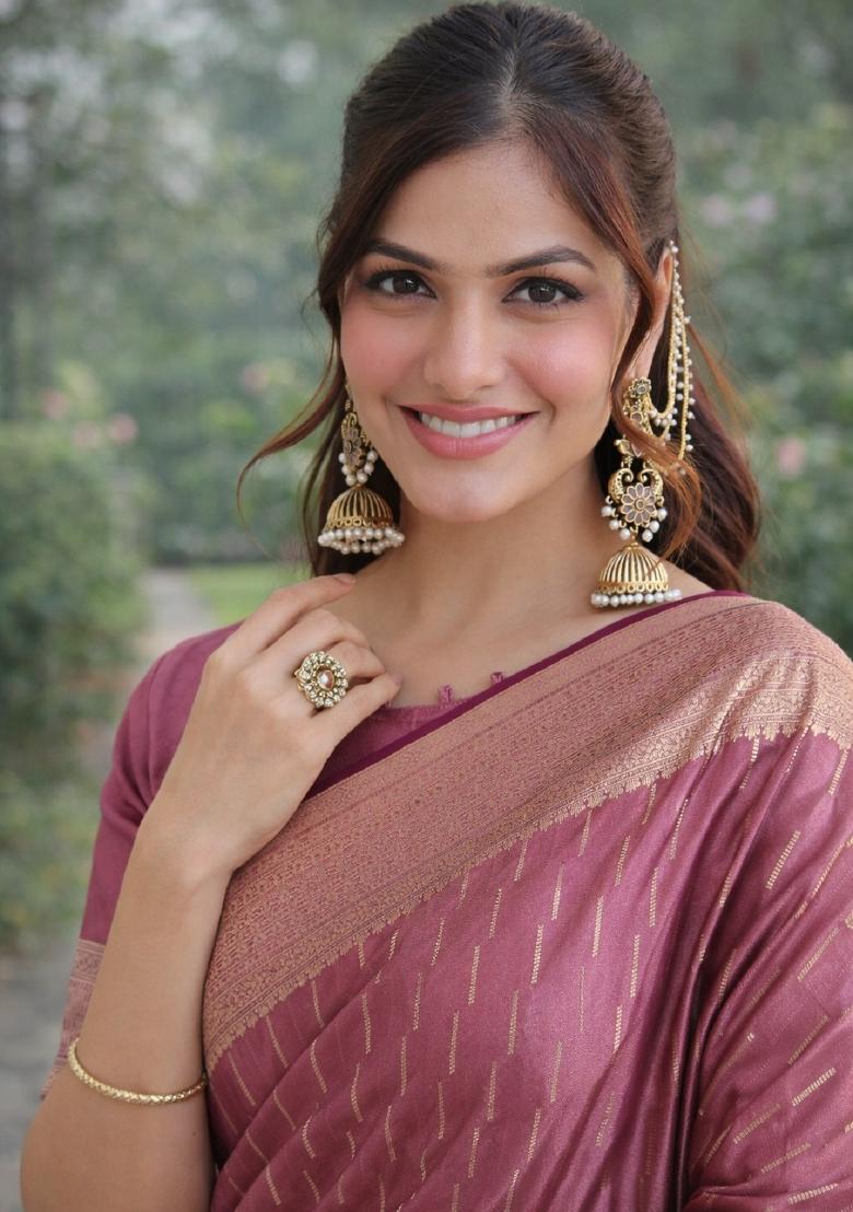 Onion Pink Embroidered Banarasi Silk Blend Saree Set - Indya
