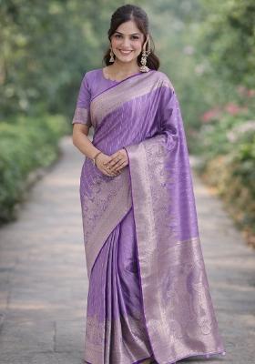 Lavender Embroidered Banarasi Silk Blend Saree Set