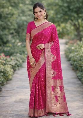 Pink Embroidered Banarasi Silk Blend Saree Set
