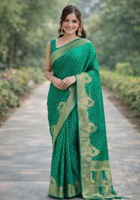 Teal Embroidered Banarasi Silk Blend Saree Set