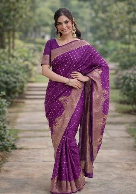 Wine Embroidered Banarasi Silk Blend Saree Set