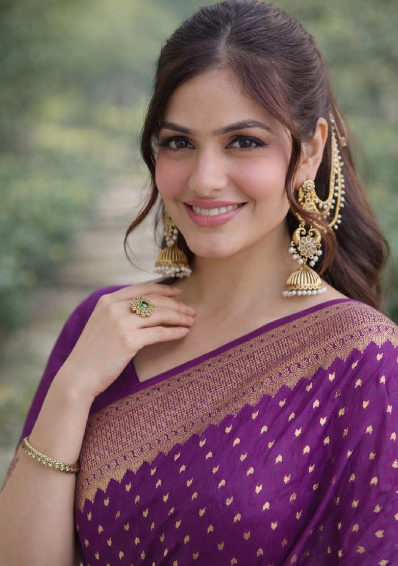 Wine Embroidered Banarasi Silk Blend Saree Set - Indya