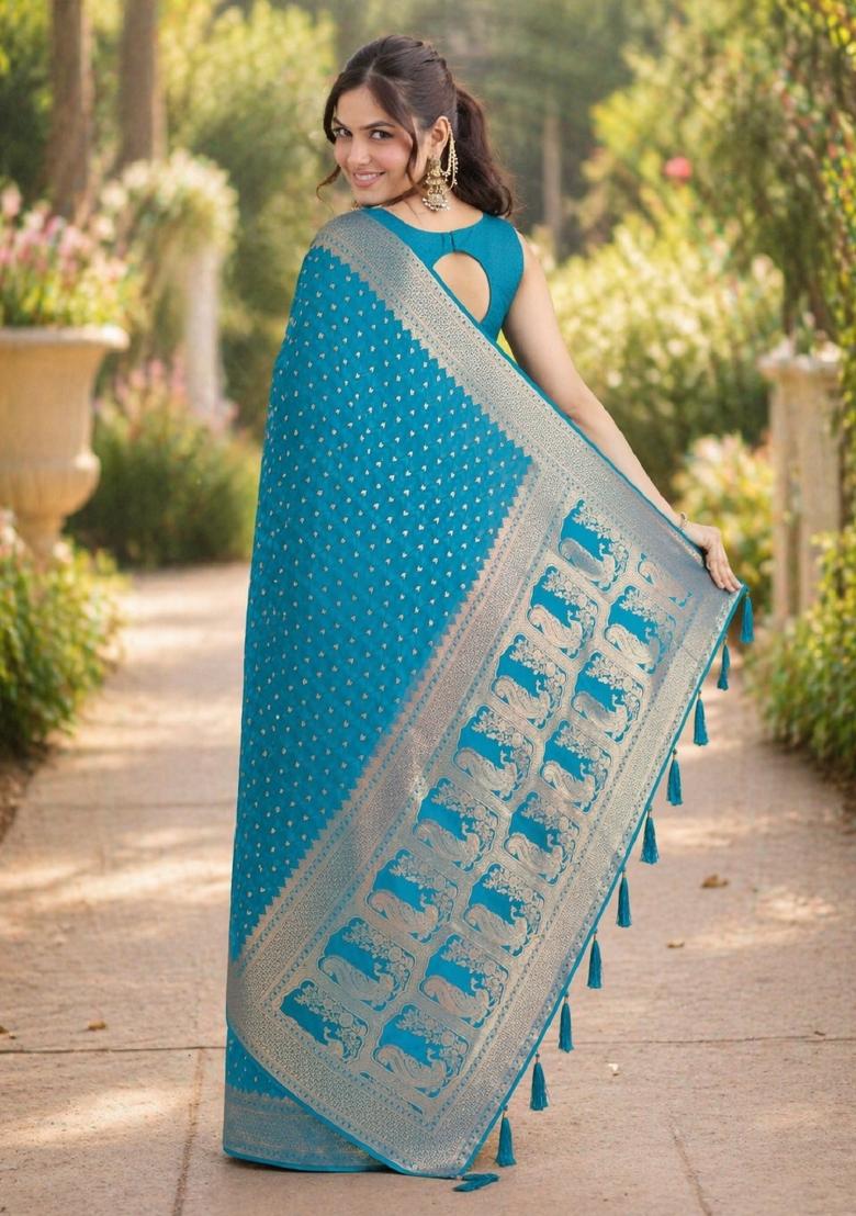 Turquoise Embroidered Banarasi Silk Blend Saree Set - Indya