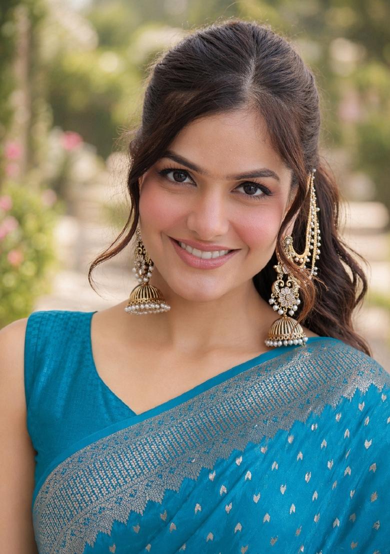 Turquoise Embroidered Banarasi Silk Blend Saree Set - Indya