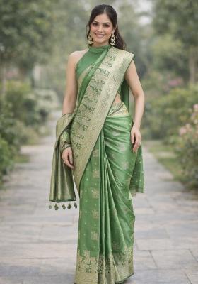 Light Green Embroidered Banarasi Silk Blend Saree Set