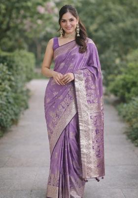 Lavender Embroidered Banarasi Silk Blend Saree Set